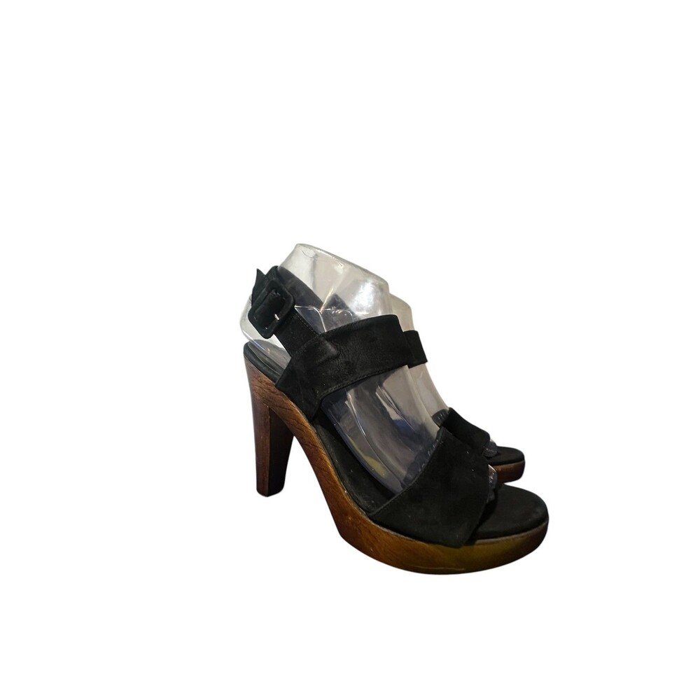 Loeffler Randall Sandals Wooden Block Heels Black Leather Sz 7 B Italy Peep Toe